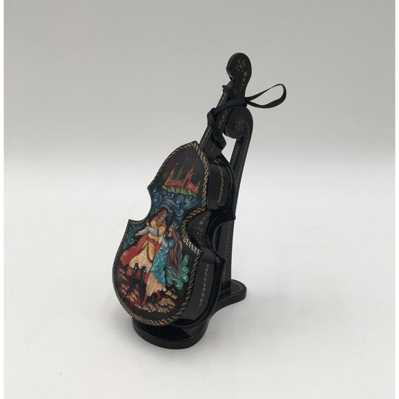 Russian Lacquer Signed Folk Art Hinged Trinket Box Violin/Cello with Stand - Picture 2 of 6